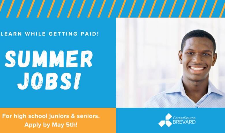 Young high school aged man looking forward smiling. Text says "Get experience while getting paid: Summer Jobs. For high school juniors and seniors. Apply by May 5th"