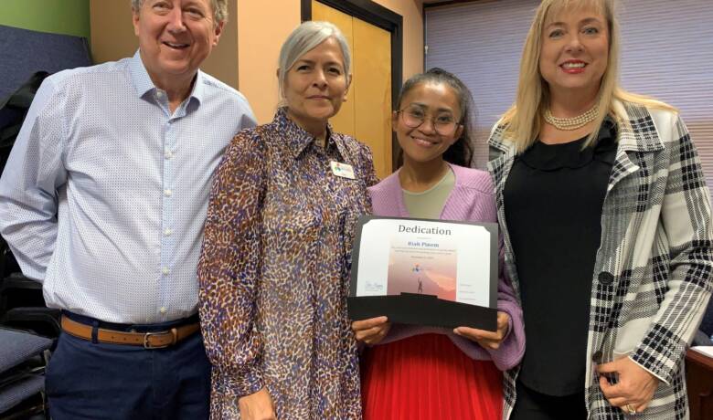 Pictured from left to right: Lloyd Gregg, chair of CareerSource Brevard Workforce Development Board; Joan Belmonte, career advisor II at CareerSource Brevard; Riah Pinem; Marci Murphy, president of CareerSource Brevard at the Nov.16 Board Meeting at CareerSource Brevard in Rockledge. Riah Pinem was recognized with a Job Seeker Recognition award.